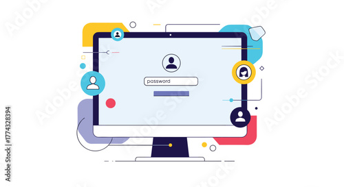 Login screen on computer with password entry, user profile icons, and flat design geometric shapes representing user access points.