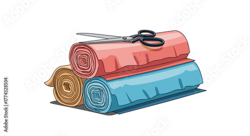 Cartoon illustration of stacked fabric rolls with scissors on top, representing textile industry or sewing and crafting projects.
