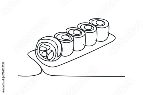 Simple line drawing of sushi rolls on a platter