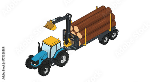 Isometric vector illustration of a logging tractor hauling logs on a trailer with a bucket for loading, set against a clean white background.