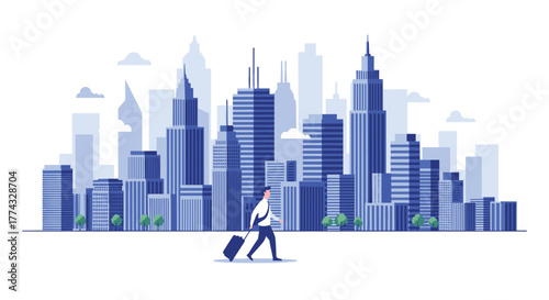 An illustration depicting a businessman walking in front of a skyline with a suitcase, showcasing travel, business, and urban environments.