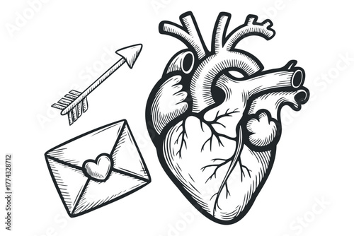 Anatomical Heart with Arrow and Love Letter