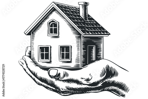 Hand holding house with chimney and windows