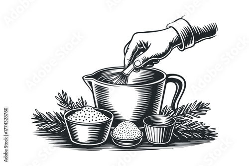 Hand whisking mixture in jug with ingredients and herbs