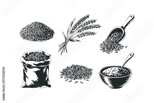 Collection of rice grains in a sack, scoop, and bowl