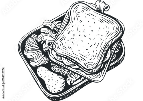 Black and White Sketch of a Stacked Sandwich Meal