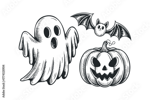Halloween ghost bat and carved pumpkin ink sketch