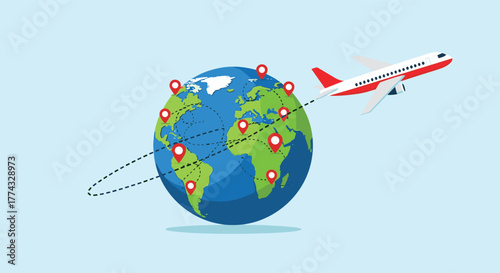 Airplane flying around the globe with location pins indicating travel destinations for international travel and tourism.