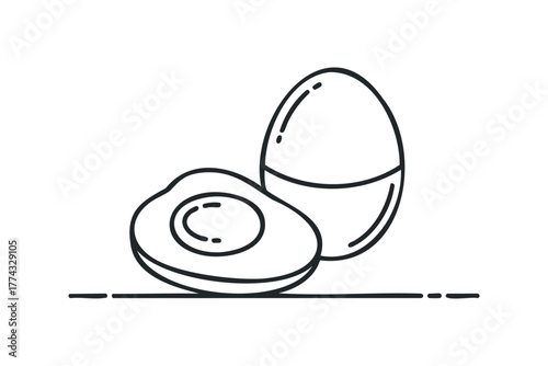 Hand drawn single egg and sliced egg in holder