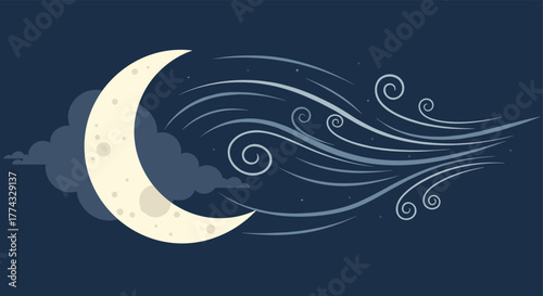 A cartoon crescent moon is partially obscured by a dark cloud while wind swirls around it, conveying a sense of a breezy night or mystical atmosphere.
