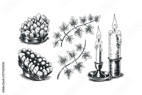 Still life composition of crystals, ivy branches, and candles