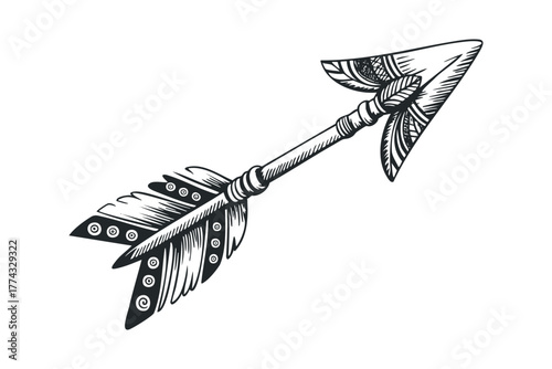 Tribal Arrow with Feather Fletching and Ornate Shaft