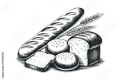 Assortment of freshly baked bread and wheat ears