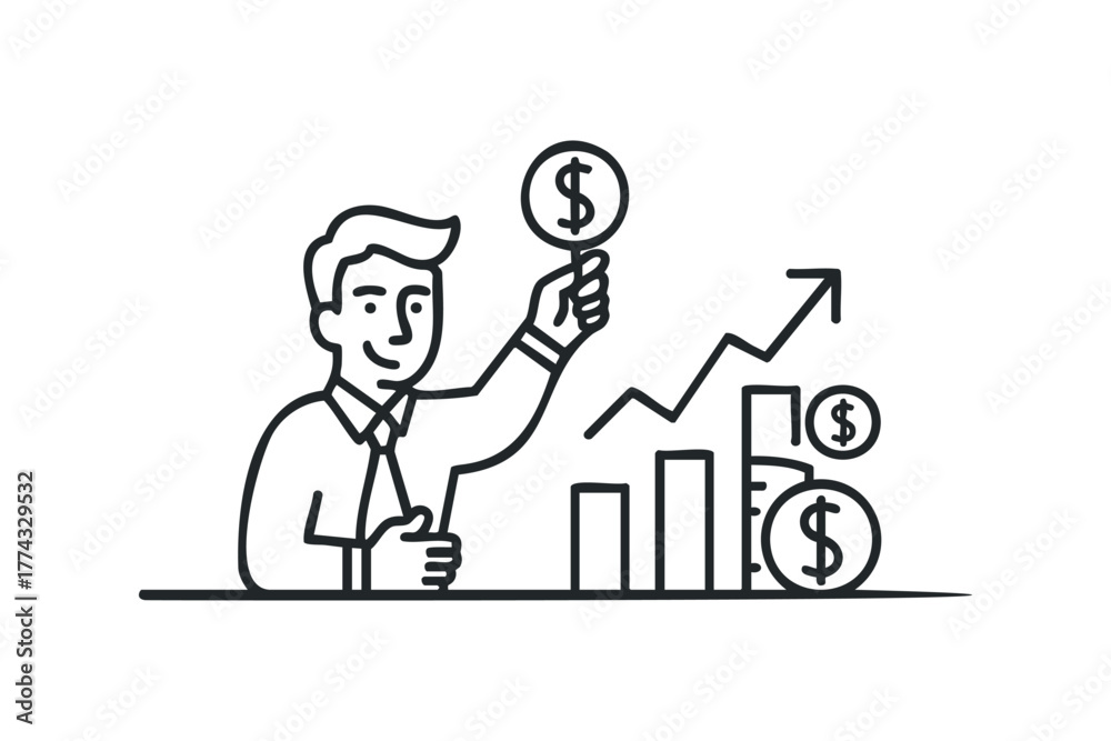 Fototapeta premium Man holding dollar coin with upward trending graph and money coins