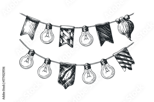 Hand Drawn Bunting Flags and Light Bulbs Garland