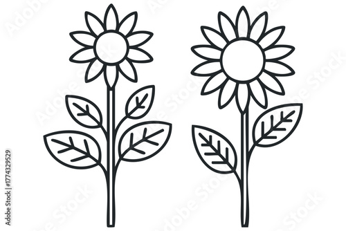 Two outline sunflowers with leaves on stems