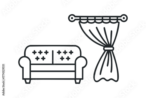 Line art of a sofa with decorative buttons and a draped curtain