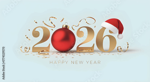 Happy New Year 2026 Greeting with Red Ornament and Santa Hat