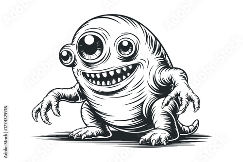 Grinning three-eyed monster with sharp teeth and claws