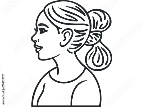 Line drawing profile of woman with hair in a bun