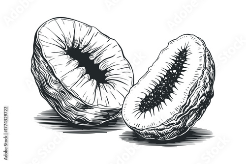 Two halves of a dried fig with visible seeds