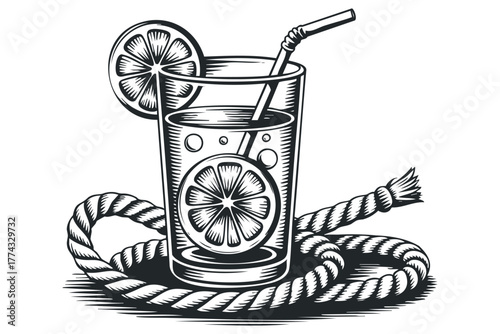 Refreshing drink with citrus slice and straw on nautical rope