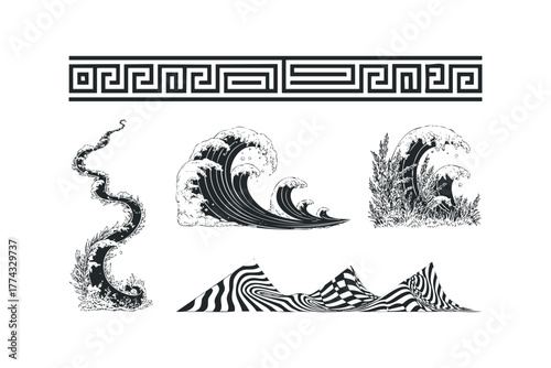 Collection of stylized oceanic waves and abstract geometric borders