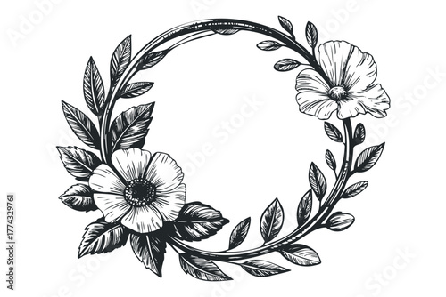 Hand Drawn Floral Wreath With Anemone Flowers