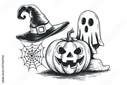 Jack-o-lantern and ghost with witch hat and spiderweb