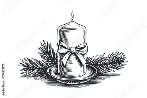 Candle with Pine Branches and Ribbon