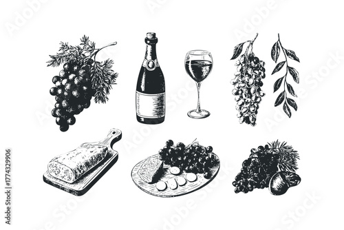 Hand-drawn grape and wine set with cheese and loaf