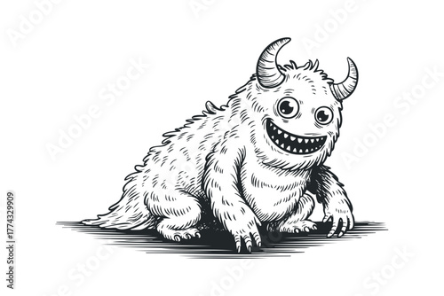 Furry Monster with Horns and Big Smile