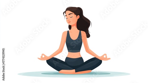 A woman in a yoga pose, sitting cross-legged on a blue mat with her eyes closed, surrounded by a white background.