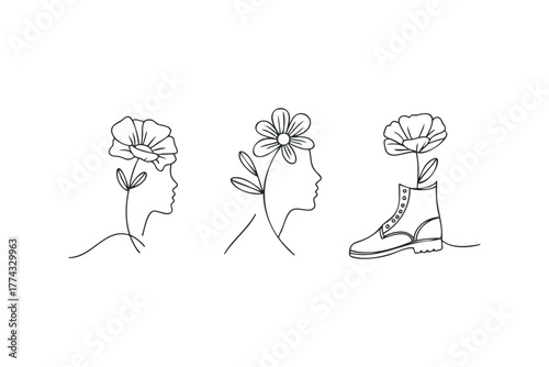 Line art female profiles with flower growing from head and boot