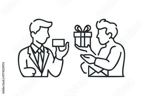 Man giving gift box and card to another man