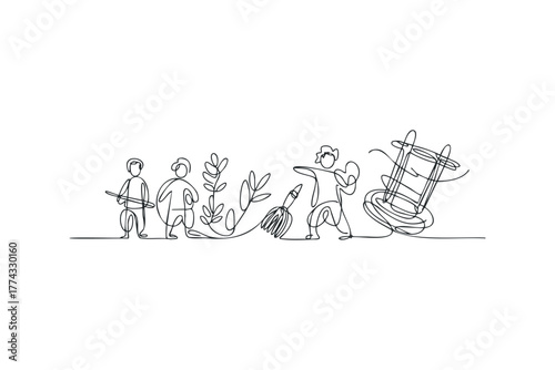 Continuous line drawing of diverse people with plants and objects