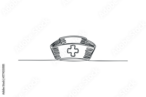 Continuous line drawing of a nurse cap with cross symbol