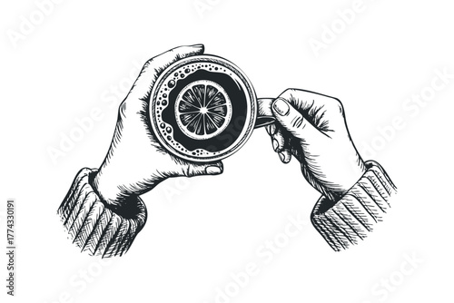 Hands holding warm drink with lemon slice