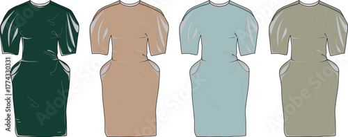 A digitally rendered fashion concept showcasing a versatile short-sleeve dress design presented in a spectrum of four distinct, elegant color variations, ideal for modern women's apparel collections