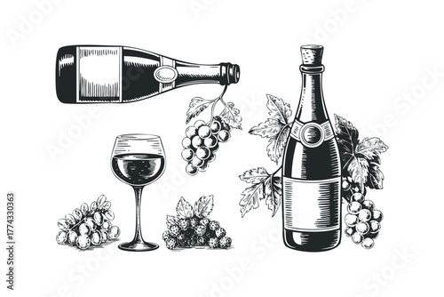 Wine bottle and grapes with glass