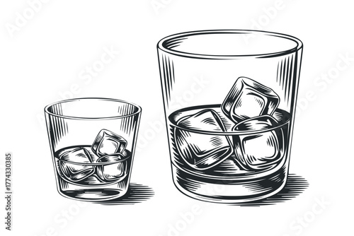 Whiskey glasses filled with ice cubes in black and white sketch