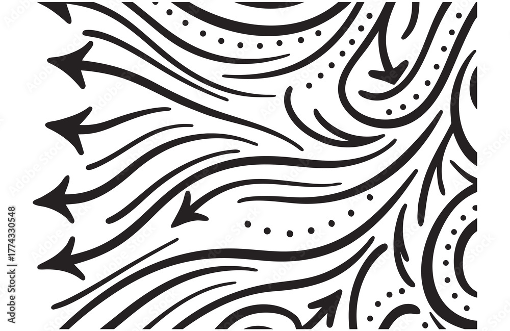 Fototapeta premium Abstract black and white flowing lines and arrows pattern with dotted accents suggesting movement and direction Art & Illustration