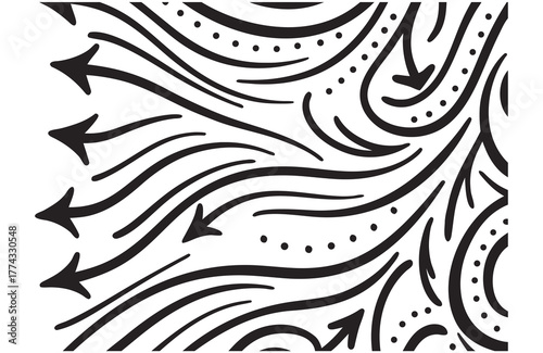 Abstract black and white flowing lines and arrows pattern with dotted accents suggesting movement and direction Art & Illustration