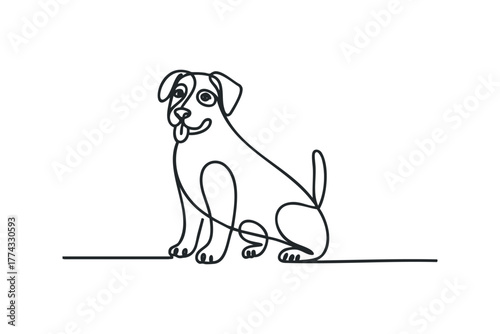 One line drawing of a happy dog with tongue out