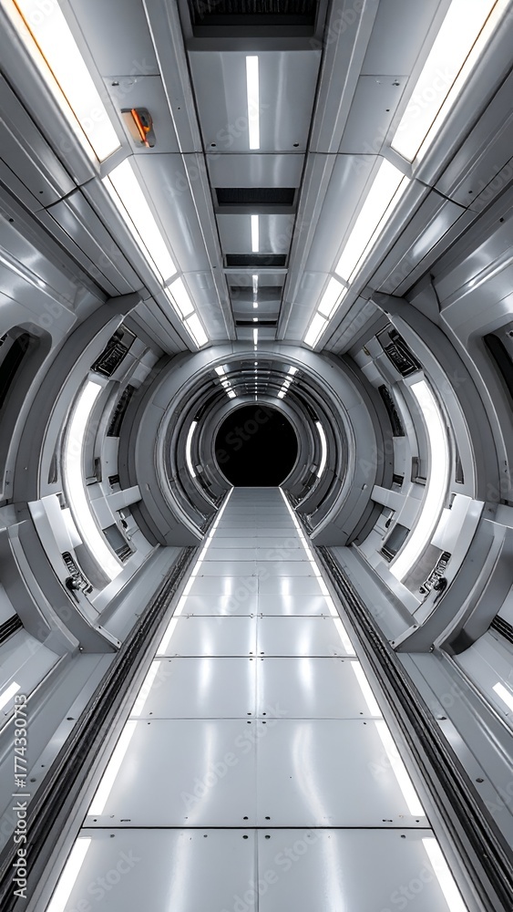 Obraz premium Futuristic tunnel corridor with sleek lighting and a dark void at the end, evoking a sci-fi atmosphere