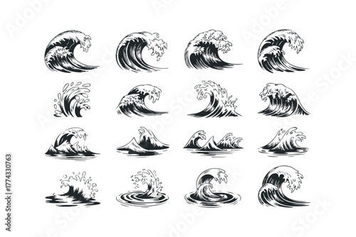 Collection of stylized crashing water waves