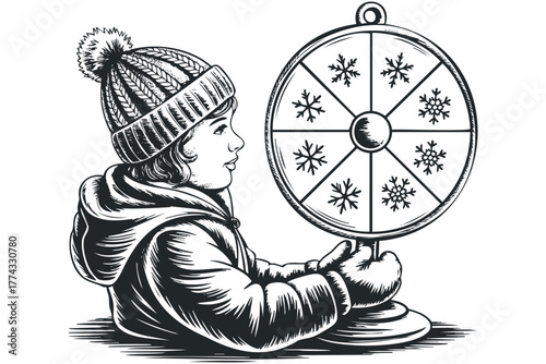 Child in winter hat holding snowflake spinner wheel