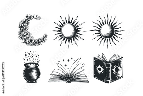 Celestial and mystical symbols including sun, moon, cauldron, and open book