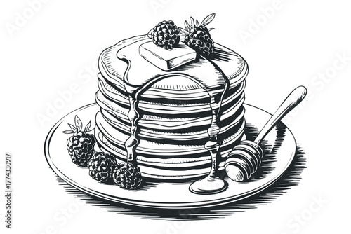 Stack of pancakes with butter, syrup and berries