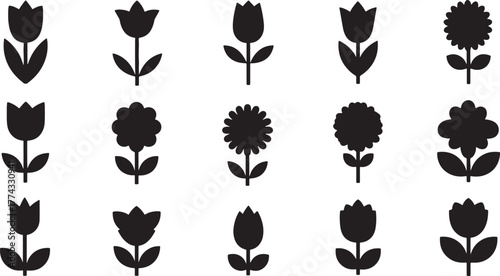 A collection of stylized black tulip and floral silhouettes against a white background Art & Illustration